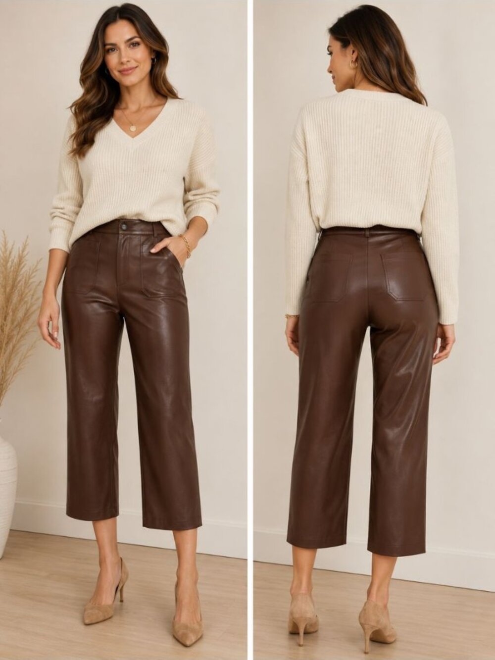 Anthropologie Maeve Faux Leather Brown Cropped Wide Leg Pant "Colette," Size 30